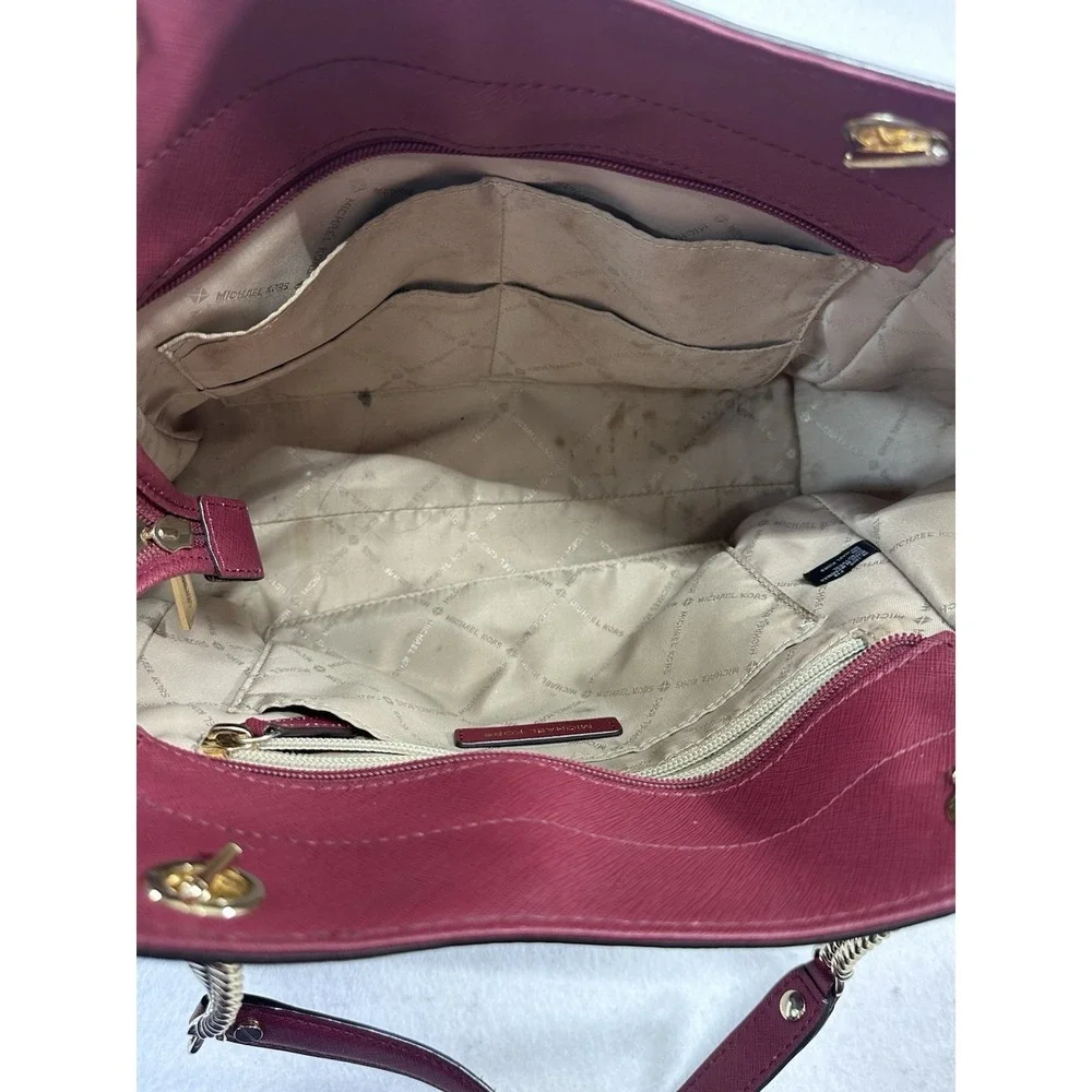 Michael Kors Burgundy Saffiano Leather Chain Tote Bag - Gold Hardware